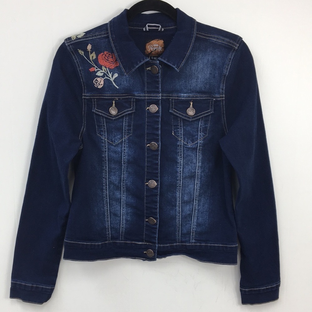 Royalty For Me Women's Embroidered Rose Jean Jacket Size S GREAT Used Condition